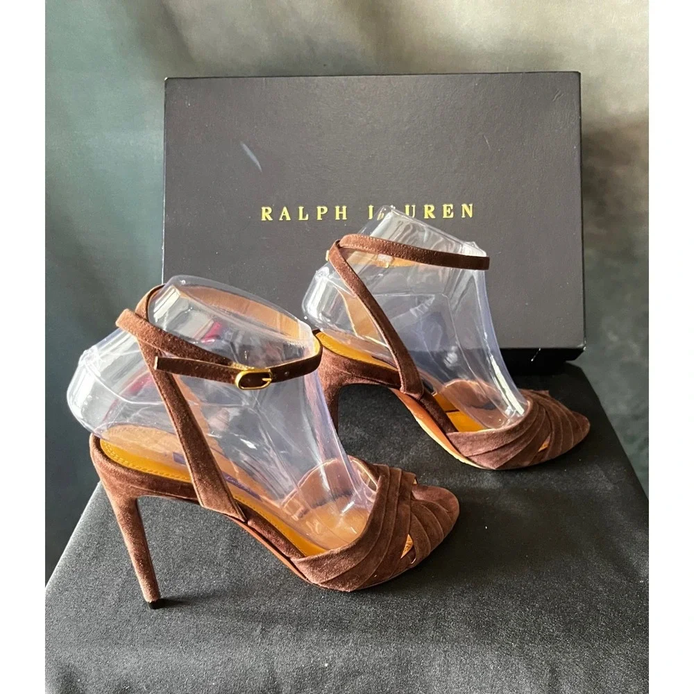Ralph Lauren Purple Label Brown Suede Criss Cross Ankle‎ Strap Heels Size 38B